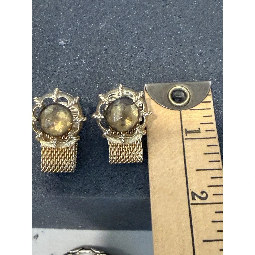 Vtg Gold Tone Mesh Wrap Cufflinks Golden Brown Cabochon Midcentury